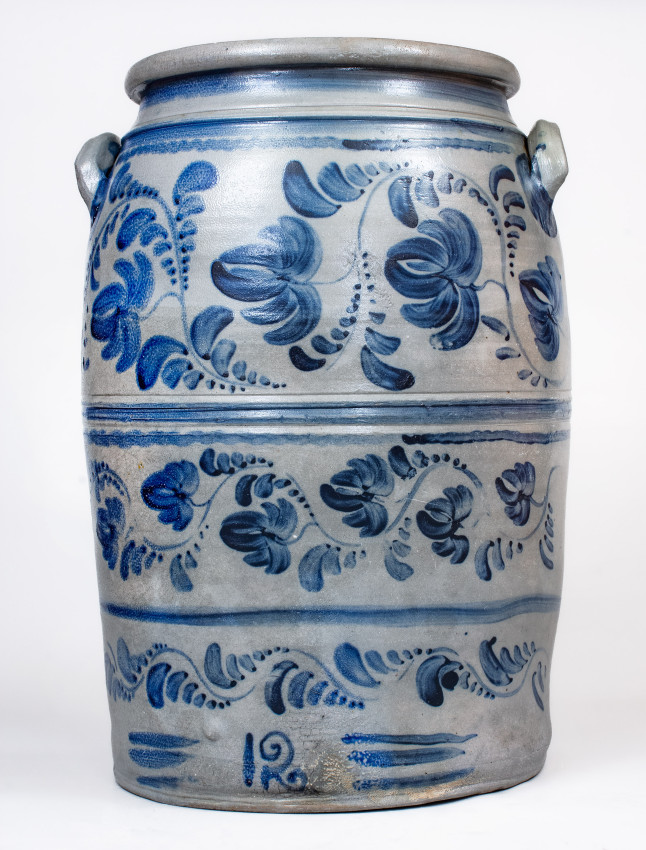 12 Gal. Western PA Stoneware Jar with Elaborate Freehand Floral Decoration
