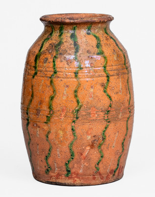 Scarce Redware Jar with Two-Color Slip Decoration, American, early to mid 19th century