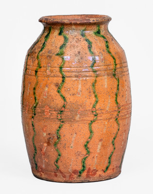 Scarce Redware Jar with Two-Color Slip Decoration, American, early to mid 19th century