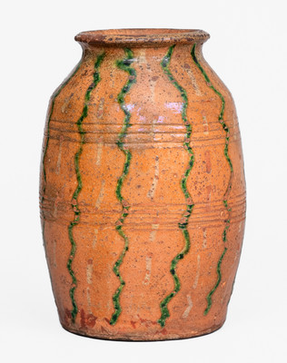 Scarce Redware Jar with Two-Color Slip Decoration, American, early to mid 19th century