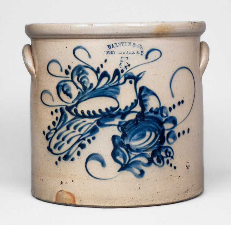 5 Gal. HAXSTUN & CO. / FORT EDWARD, NY Stoneware Crock with Elaborate Bird and Floral Decoration