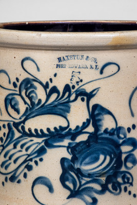 Outstanding 5 Gal. HAXSTUN & CO. / FORT EDWARD, NY Stoneware Crock w/ Elaborate Bird and Floral Decoration