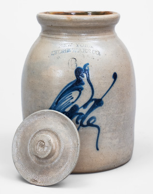 6 Qt. NEW YORK STONEWARE CO. / FORT EDWARD, NY Stoneware Jar w/ Bird Decoration
