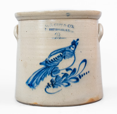 3 Gal. G. S. GUY & CO. / FORT EDWARD, NY Stoneware Crock w/ Bird Decoration