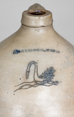 Ovoid I. SEYMOUR / TROY, New York Stoneware Jug w/ Incised Swan Decoration