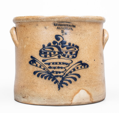 C. F. ORCUTT & CO. / ALBANY, NY Stoneware Crock w/ Slip-Trailed Floral Decoration