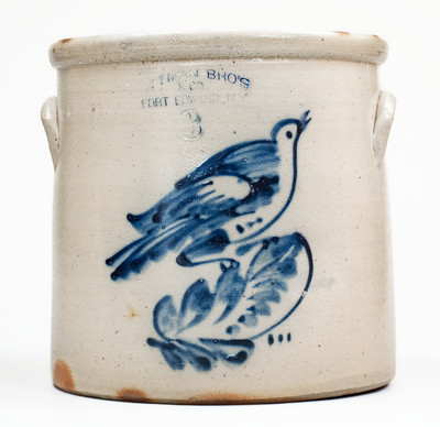 3 Gal. OTTMAN BROS. & CO. / FORT EDWARD, NY Stoneware Bird Crock, c1875