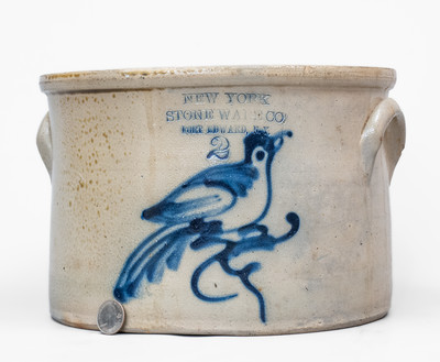 Unusual 2 Gal. NEW YORK STONEWARE CO. / FORT EDWARD, NY Stoneware Cake Crock w/ Bird Decoration