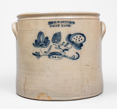 3 Gal. WM. E. WARNER / WEST TROY Stoneware Crock w/ Floral Decoration