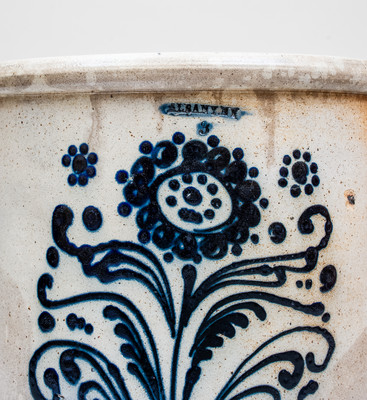 ALBANY, NY Stoneware Crock w/ Slip-Trailed Floral Decoration, third quarter 19th century