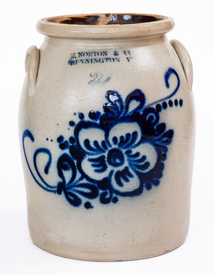 2 Gal. J. NORTON & CO. / BENNINGTON, VT Stoneware Jar w/ Floral Decoration