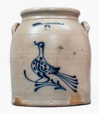 2 Gal. W, ROBERTS / BINGHAMTON, N.Y. Stoneware Crock w/ Slip-Trailed Bird Decoration