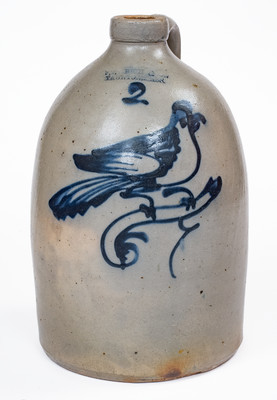 2 Gal. F. T. WRIGHT & SON / TAUNTON, MASS. Stoneware Jug w/ Bird Decoration