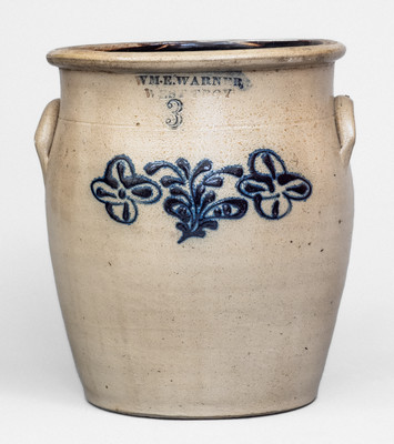 3 Gal. WM. E. WARNER / WEST TROY Stoneware Jar w/ Slip-Trailed Floral Decoration