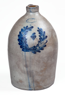 SAM L. I. IRVINE / NEWVILLE, PA Stoneware Jug w/ Wreath Decoration, c1865