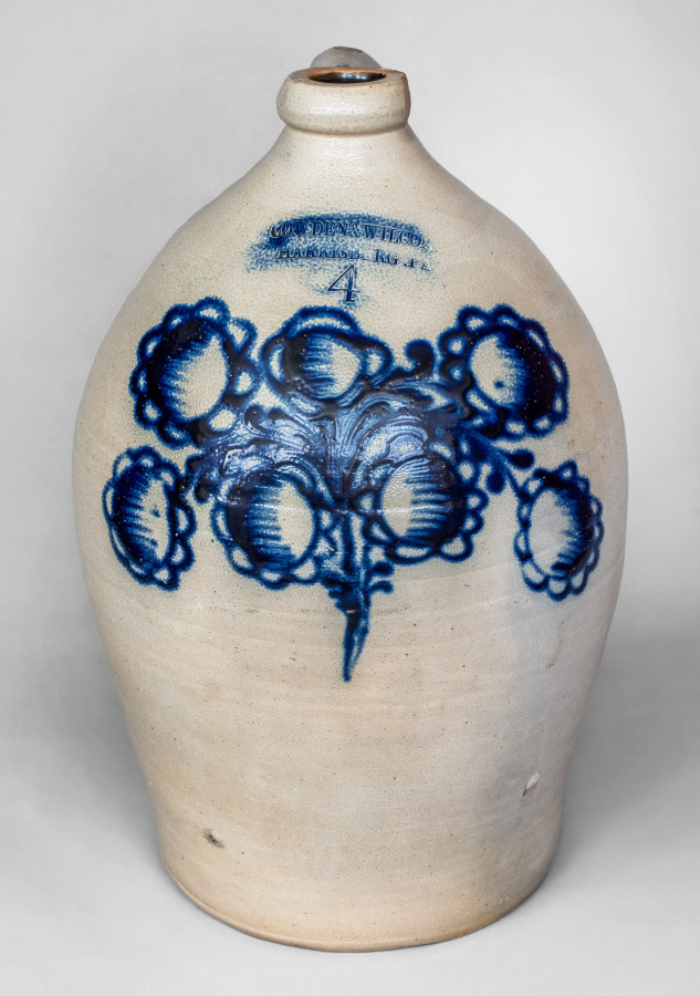 4 Gal. COWDEN & WILCOX / HARRISBURG, PA Stoneware Jug with Elaborate Slip-Trailed Sunflower Decoration