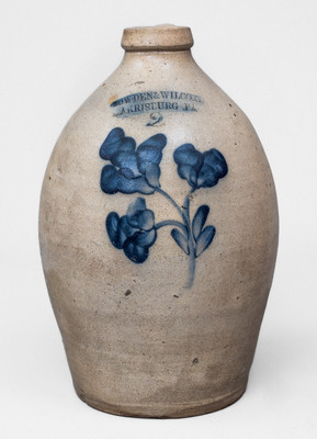 2 Gal. COWDEN & WILCOX / HARRISBURG, PA Stoneware Jug w/ Floral Decoration