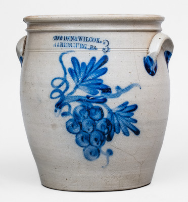3 Gal. COWDEN & WILCOX / HARRISBURG, PA Stoneware Jar w/ Grapes Decoration