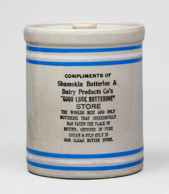 Braddock, PA Stoneware Jar w/ Shamokin Butterine Co., Shamokin, PA Advertising