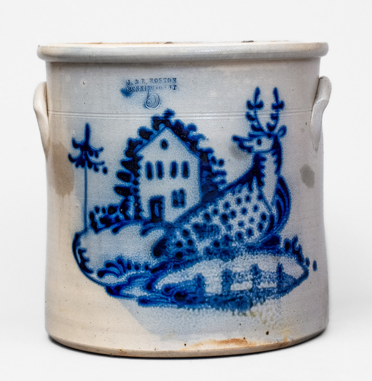 Rare 5 Gal. J & E. NORTON / BENNINGTON, VT Stoneware Crock w/ Elaborate Reclining Deer with House Design