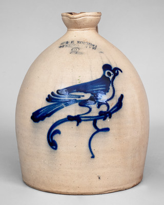 Very Rare J. & E. NORTON / BENNINGTON, VT Stoneware Syrup Jug w/ Bird Decoration