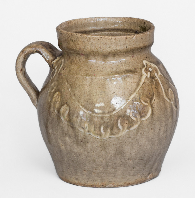 Fine Small-Sized Edgefield, SC Handled Jar with Kaolin Slip Decoration