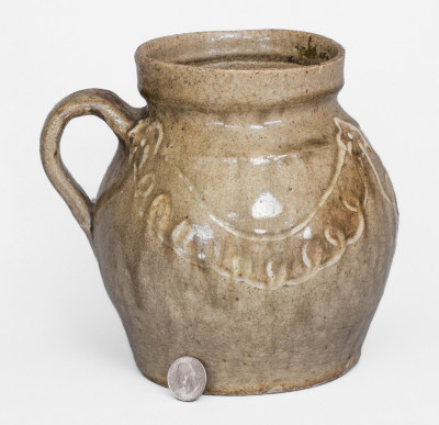 Fine Small-Sized Edgefield, SC Handled Jar with Kaolin Slip Decoration