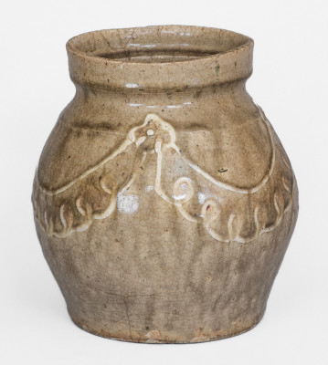 Fine Small-Sized Edgefield, SC Handled Jar with Kaolin Slip Decoration