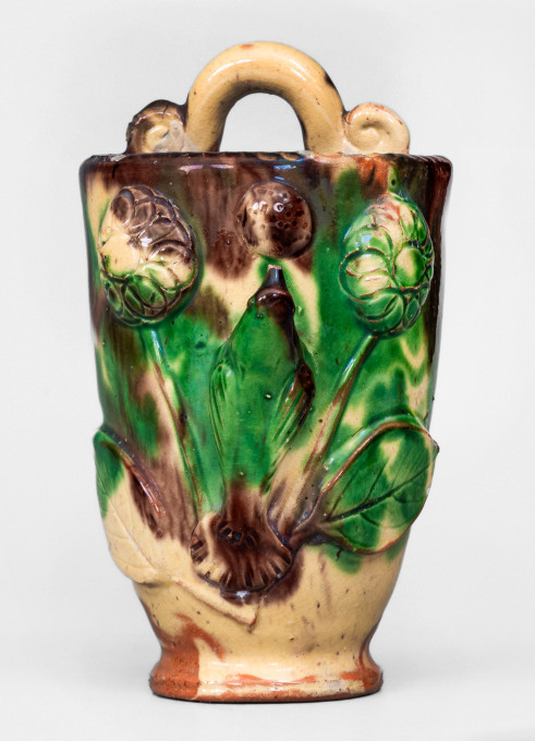 Multi-Glazed Redware Wall Pocket, Strasburg, VA origin, circa 1890.