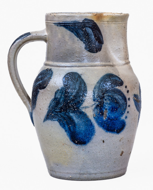 Fine and Scarce Half-Gallon Stoneware Pitcher with Cobalt Floral Decoration, Stamped 