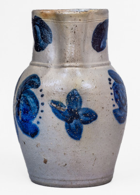 Fine and Scarce Half-Gallon Stoneware Pitcher with Cobalt Floral Decoration, Stamped 