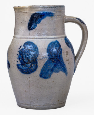 Fine and Scarce Half-Gallon Stoneware Pitcher with Cobalt Floral Decoration, Stamped 