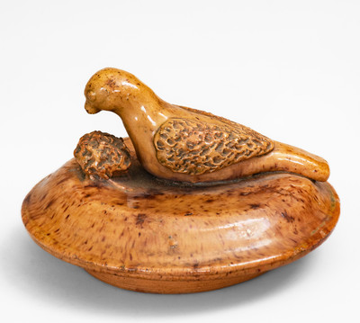 Rare Redware Sugar Bowl Lid w/ Bird Finial, attrib. James C. Mackley or Anthony W. Bacher, Thurmont, MD