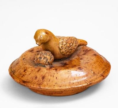 Rare Redware Sugar Bowl Lid w/ Bird Finial, attrib. James C. Mackley or Anthony W. Bacher, Thurmont, MD