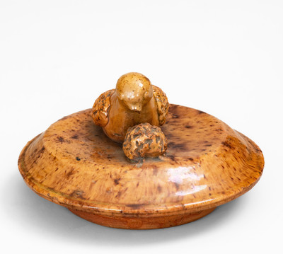 Rare Redware Sugar Bowl Lid w/ Bird Finial, attrib. James C. Mackley or Anthony W. Bacher, Thurmont, MD