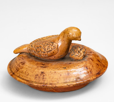 Rare Redware Sugar Bowl Lid w/ Bird Finial, attrib. James C. Mackley or Anthony W. Bacher, Thurmont, MD
