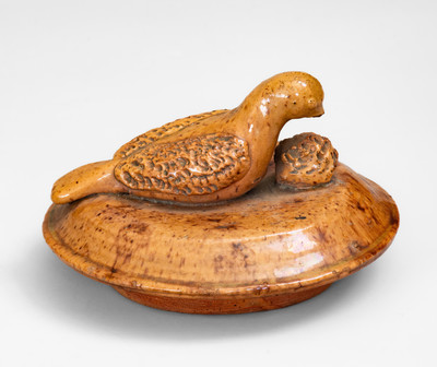 Rare Redware Sugar Bowl Lid w/ Bird Finial, attrib. James C. Mackley or Anthony W. Bacher, Thurmont, MD