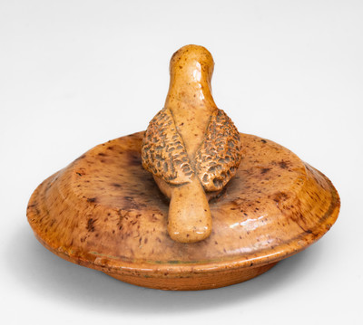 Rare Redware Sugar Bowl Lid w/ Bird Finial, attrib. James C. Mackley or Anthony W. Bacher, Thurmont, MD