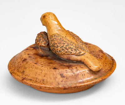 Rare Redware Sugar Bowl Lid w/ Bird Finial, attrib. James C. Mackley or Anthony W. Bacher, Thurmont, MD