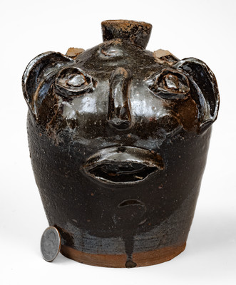 Rare Alkaline-Glazed Stoneware Face Harvest Jug, probably Upstate SC, late 19th / early 20th century