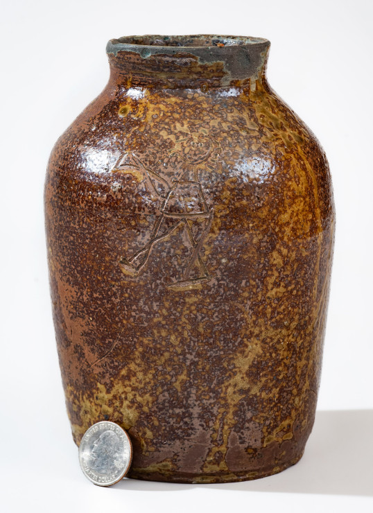 Extremely Rare and Important Stoneware Jar with Incised Figures att. David Drake, Edgefield District, SC