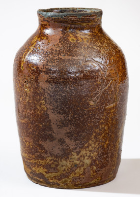 Extremely Rare and Important Stoneware Jar with Incised Figures att. David Drake, Edgefield District, SC