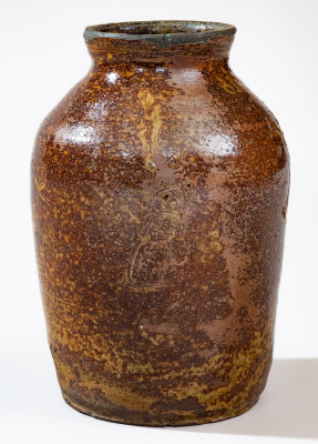 Extremely Rare and Important Stoneware Jar with Incised Figures att. David Drake, Edgefield District, SC