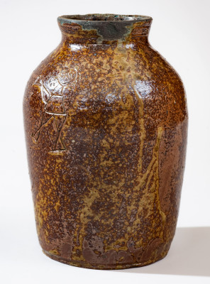 Extremely Rare and Important Stoneware Jar with Incised Figures att. David Drake, Edgefield District, SC