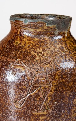 Extremely Rare and Important Stoneware Jar with Incised Figures att. David Drake, Edgefield District, SC