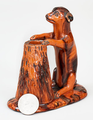 Glazed Pennsylvania Redware Figure of a Dog with Stump, circa 1850-1880