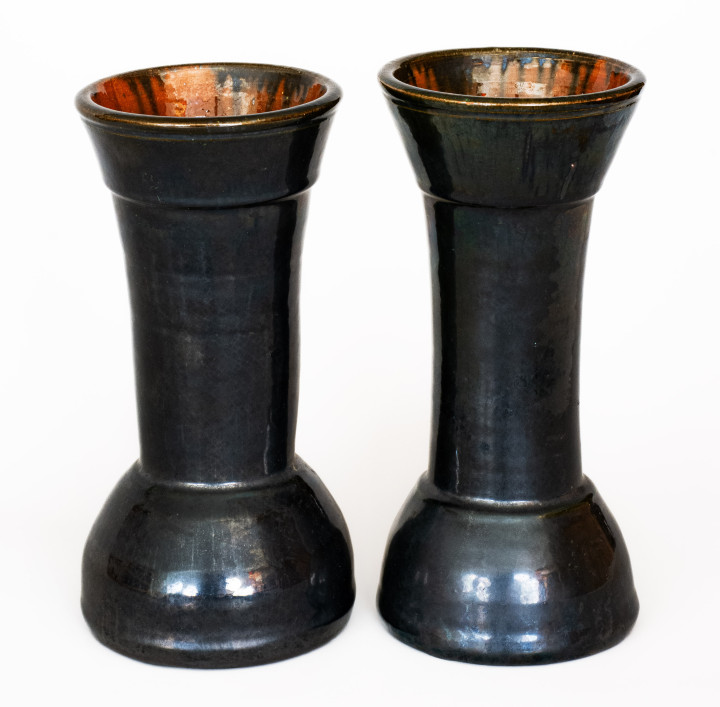 Rare Pair of Black-Glazed Redware Vases, Stamped 