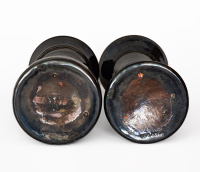 Rare Pair of Black-Glazed Redware Vases, Stamped 