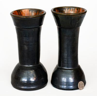 Rare Pair of Black-Glazed JOHN BELL, Waynesboro, PA Redware Vases, c1880