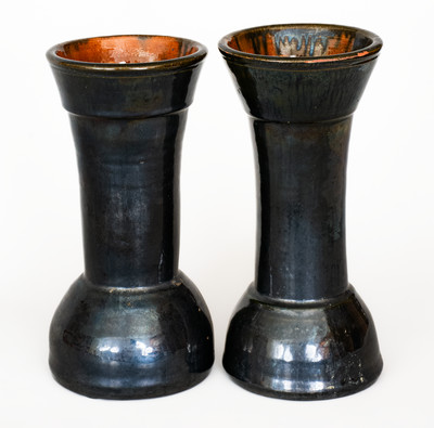 Rare Pair of Black-Glazed JOHN BELL, Waynesboro, PA Redware Vases, c1880